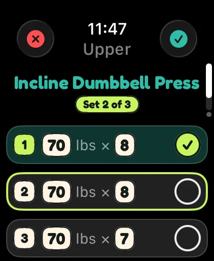 swolie on Apple Watch showing Hack Squat sets